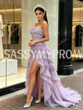 Lavender Strapless Tassel Sequin Ruffled Tulle Prom Dress