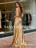 Gold Satin Ruched A Line Pleats V Neck Prom Dress