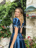 V Neck Short Sleeve Blue A Line Satin Prom Dress