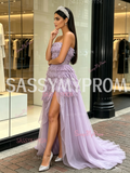 Lavender Strapless Tassel Sequin Ruffled Tulle Prom Dress