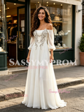 Off The Shoulder Long Sleeve Chiffon Beading Wedding Dress