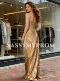 Gold Satin Ruched A Line Pleats V Neck Prom Dress