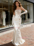 White Strapless Satin Sheath Column Beading Wedding Dress With Gloves