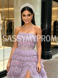 Lavender Strapless Tassel Sequin Ruffled Tulle Prom Dress