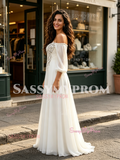 Off The Shoulder Long Sleeve Chiffon Beading Wedding Dress