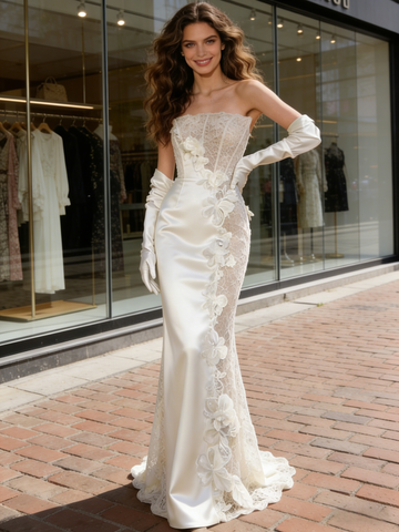 White Strapless Satin Sheath Column Beading Wedding Dress With Gloves