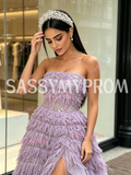 Lavender Strapless Tassel Sequin Ruffled Tulle Prom Dress