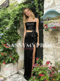 Black Spaghetti Straps Beading Sheath Column Prom Dress With Slit