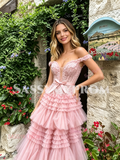 Pink Off The Shoulder A Line Layer Bow Prom Dress