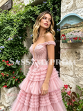 Pink Off The Shoulder A Line Layer Bow Prom Dress