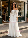 Off The Shoulder Long Sleeve Chiffon Beading Wedding Dress