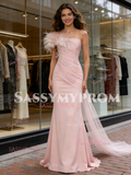 Pink Satin Tulle Ruched Trumpet Mermaid Feather Prom Dress