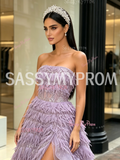 Lavender Strapless Tassel Sequin Ruffled Tulle Prom Dress