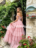Pink Off The Shoulder A Line Layer Bow Prom Dress