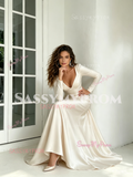 V Neck Open Back Elastic Satin Long Sleeve Wedding Dress