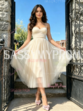 Spaghetti Straps A Line Tulle Tea Length White Homecoming Dress