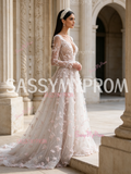 Sequin Floral V Neck Pink Long Sleeve Tulle Prom Dress