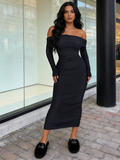 Maxi Long Sleeve Ruched Fitted Off The Shoulder Bodycon Dress