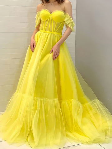Yellow Tulle Sheer Off the Shoulder Prom Dress