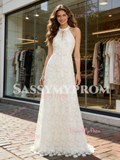 Keyhole A Line Simple Lace Halter Wedding Dress