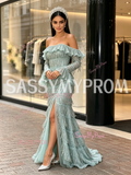 Tassel Green Long Sleeve Off The Shoulder Prom Dress With Slit