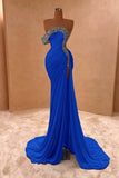 Crystal Royal Blue One Shoulder Ruched Prom Dress with Slit