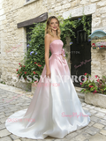 Strapless Pink Flower A Line Satin Prom Dress