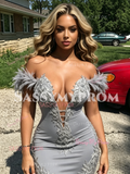 Gray Off The Shouler Feather Trumpet Mermaid Appliques Prom Dress