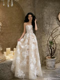 Appliques Tulle Strapless Champagne Lace A Line Wedding Dress