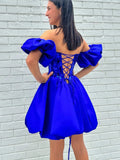 Puffy Sleeve Blue Sweetheart Cut Glass Homecoming Dress