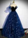 Blue Ball Gown Beading Off The Shoulder Prom Dress