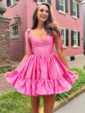 Short Tie Shoulder Pink Satin Ruffles Homecoming Dress