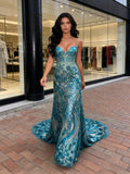 Trumpet Mermaid Sequin Green V Neck Floral Prom Dress