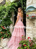 Pink Off The Shoulder A Line Layer Bow Prom Dress