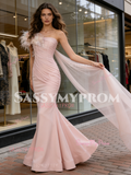 Pink Satin Tulle Ruched Trumpet Mermaid Feather Prom Dress