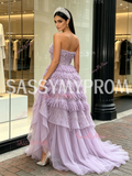 Lavender Strapless Tassel Sequin Ruffled Tulle Prom Dress