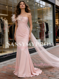 Pink Satin Tulle Ruched Trumpet Mermaid Feather Prom Dress