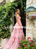 Pink Off The Shoulder A Line Layer Bow Prom Dress