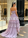 Lavender Strapless Tassel Sequin Ruffled Tulle Prom Dress