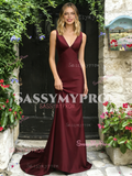 V Neck Trumpet Mermaid Satin Backless Burgundy Prom Dress