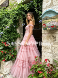 Pink Off The Shoulder A Line Layer Bow Prom Dress