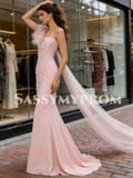 Pink Satin Tulle Ruched Trumpet Mermaid Feather Prom Dress