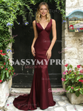 V Neck Trumpet Mermaid Satin Backless Burgundy Prom Dress