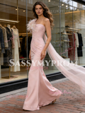 Pink Satin Tulle Ruched Trumpet Mermaid Feather Prom Dress