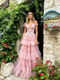 Pink Off The Shoulder A Line Layer Bow Prom Dress