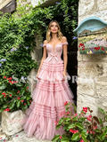 Pink Off The Shoulder A Line Layer Bow Prom Dress
