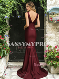 V Neck Trumpet Mermaid Satin Backless Burgundy Prom Dress
