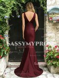 V Neck Trumpet Mermaid Satin Backless Burgundy Prom Dress