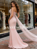 Pink Satin Tulle Ruched Trumpet Mermaid Feather Prom Dress