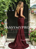 V Neck Trumpet Mermaid Satin Backless Burgundy Prom Dress